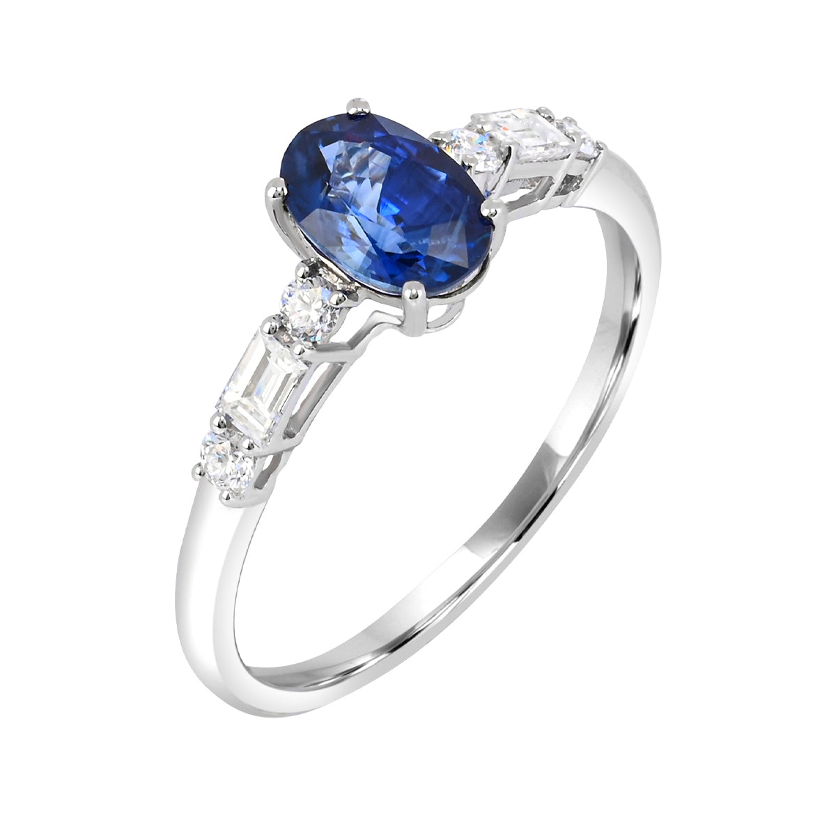 Oval Sapphire & 1-3/8 ct. tw. Round & Baguette Diamond Ring in 14K White Gold front view