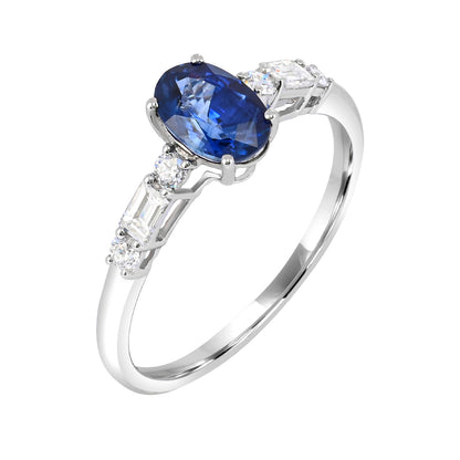 Oval Sapphire & 1-3/8 ct. tw. Round & Baguette Diamond Ring in 14K White Gold front view