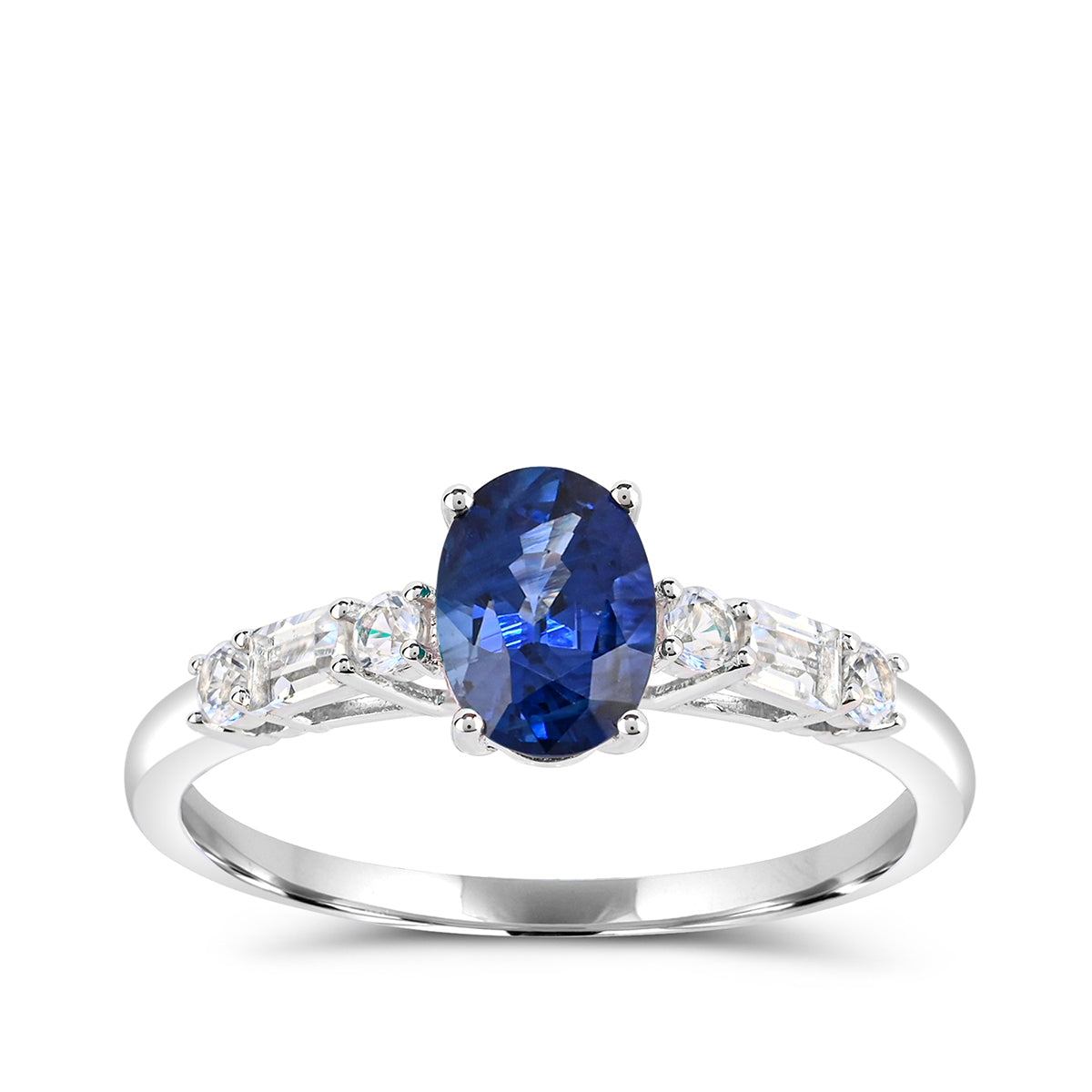 Oval Sapphire & 1-3/8 ct. tw. Round & Baguette Diamond Ring in 14K White Gold