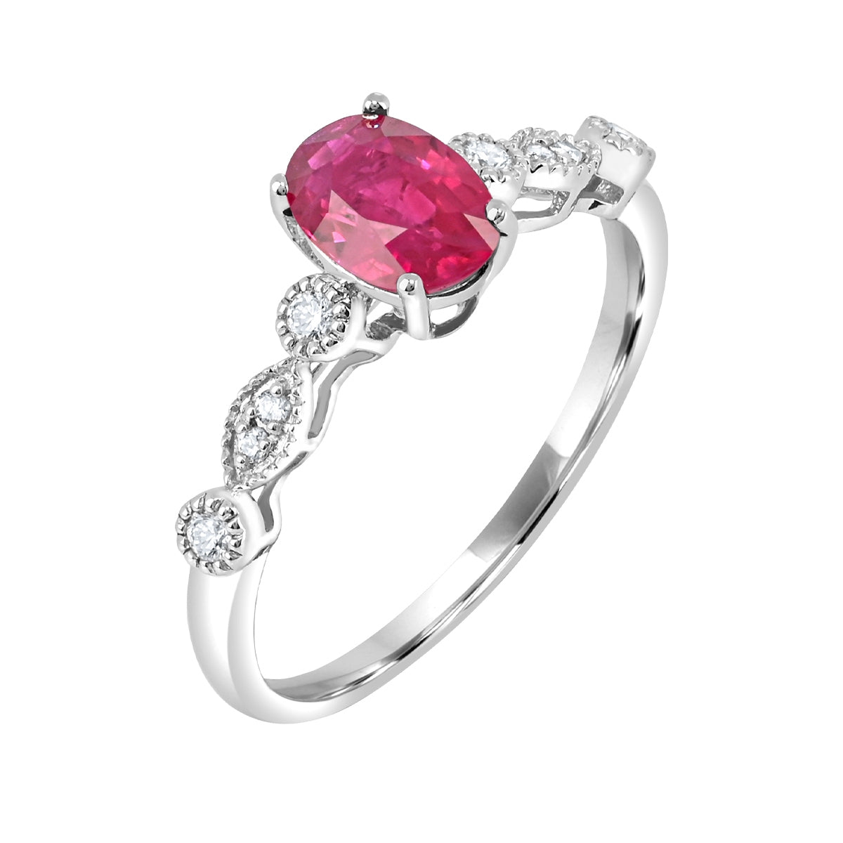 Oval Ruby & 1/10 ct. tw. Diamond Milgrain Ring in 14K White Gold front view