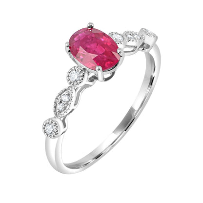 Oval Ruby & 1/10 ct. tw. Diamond Milgrain Ring in 14K White Gold front view