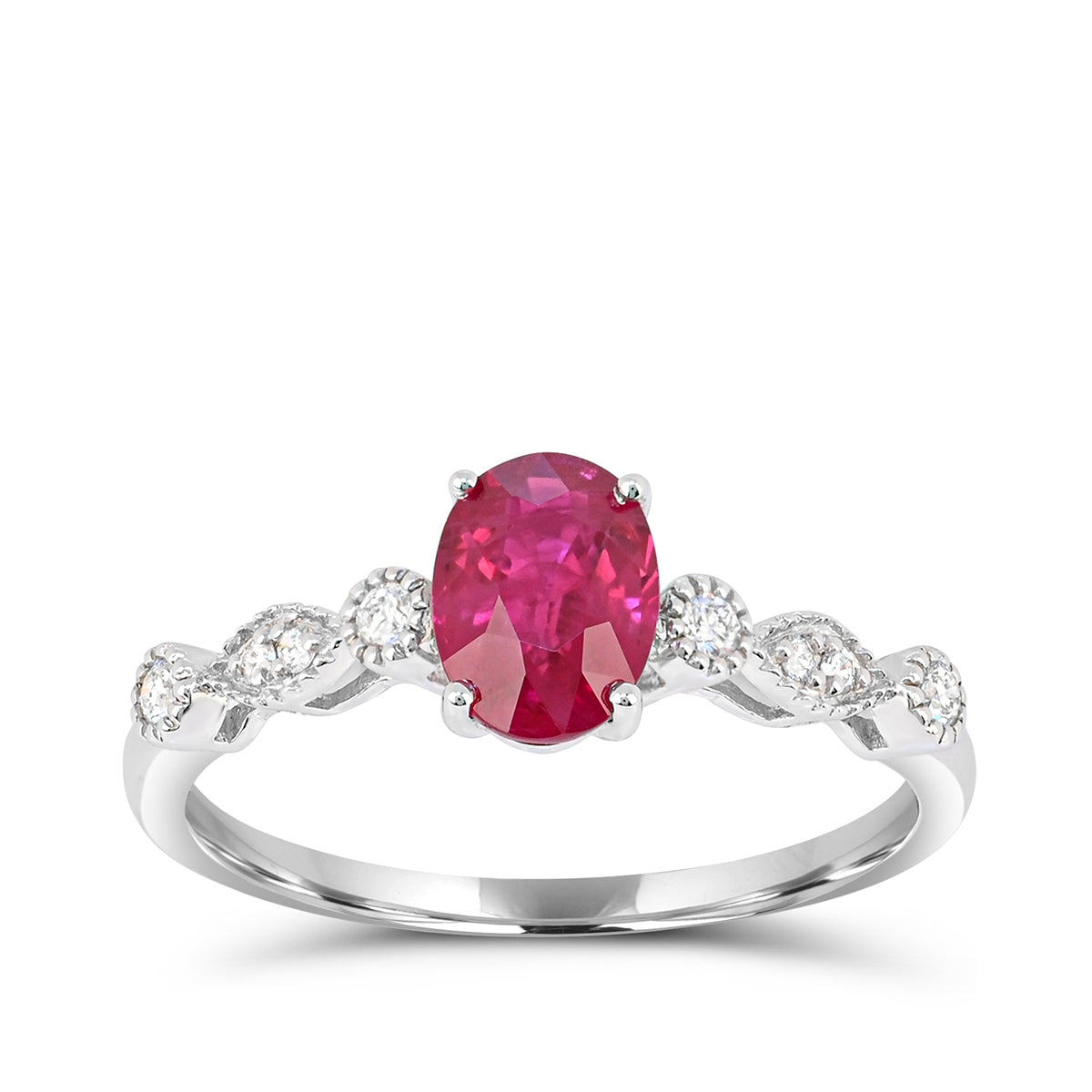 Oval Ruby & 1/10 ct. tw. Diamond Milgrain Ring in 14K White Gold
