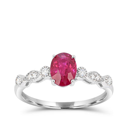 Oval Ruby & 1/10 ct. tw. Diamond Milgrain Ring in 14K White Gold