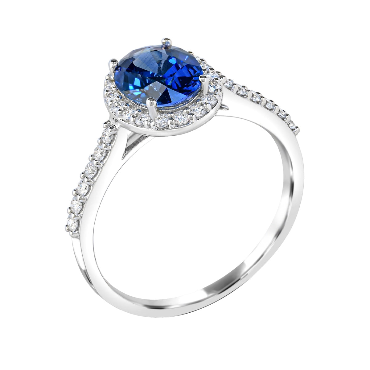 Oval Sapphire & 1/3 ct. tw. Diamond Halo Ring in 14K White Gold front view
