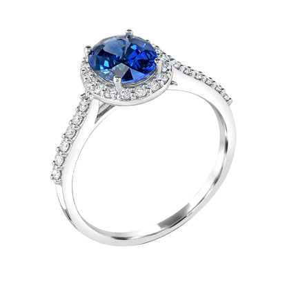 Oval Sapphire & 1/3 ct. tw. Diamond Halo Ring in 14K White Gold front view