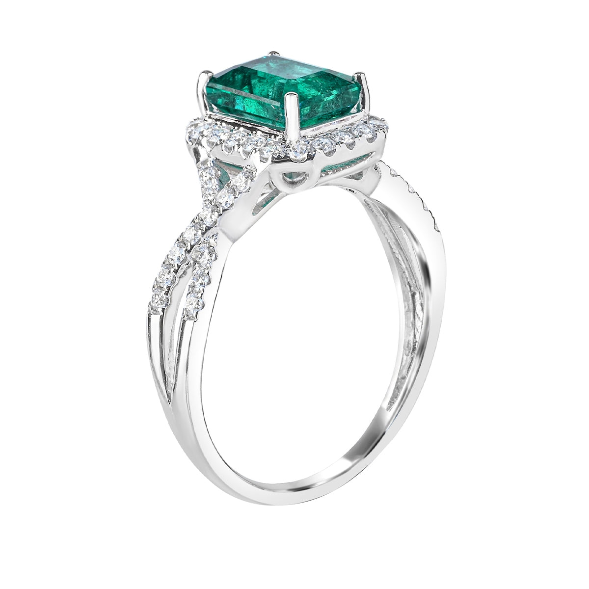 Emerald Cut Emerald & 3/8 ct. tw. Diamond Halo Twist Ring in 14K White Gold front view