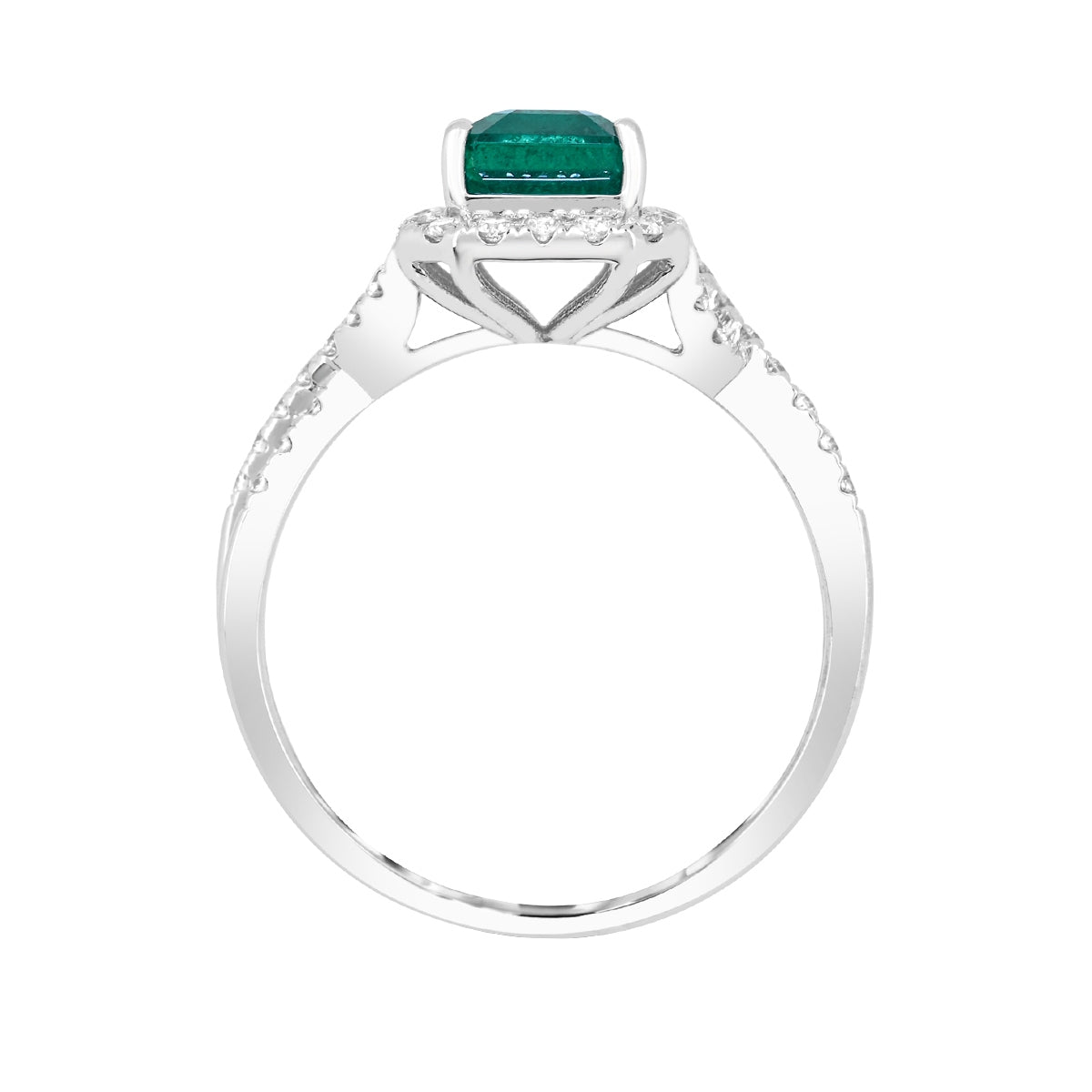 Emerald Cut Emerald & 3/8 ct. tw. Diamond Halo Twist Ring in 14K White Gold close-up detail