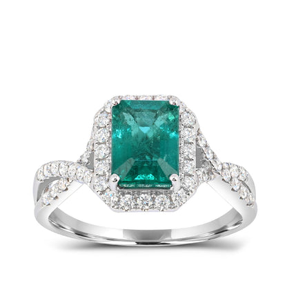 Emerald Cut Emerald & 3/8 ct. tw. Diamond Halo Twist Ring in 14K White Gold