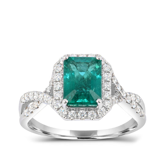 Emerald Cut Emerald & 3/8 ct. tw. Diamond Halo Twist Ring in 14K White Gold