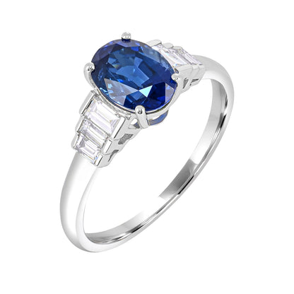 Oval Sapphire & 1/3 ct. tw. Baguette Diamond Ring in 14K White Gold front view