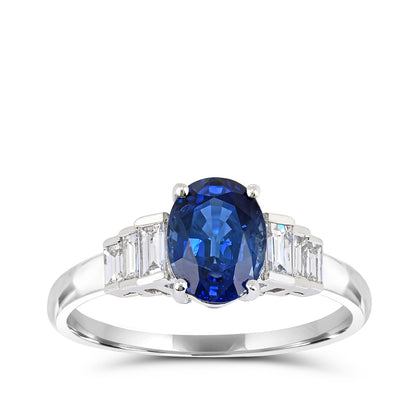 Oval Sapphire & 1/3 ct. tw. Baguette Diamond Ring in 14K White Gold