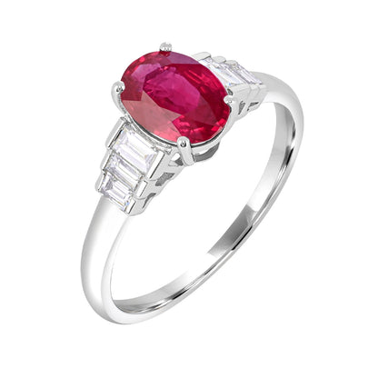 Oval Ruby & 1/3 ct. tw. Baguette Diamond Ring in 14K White Gold front view