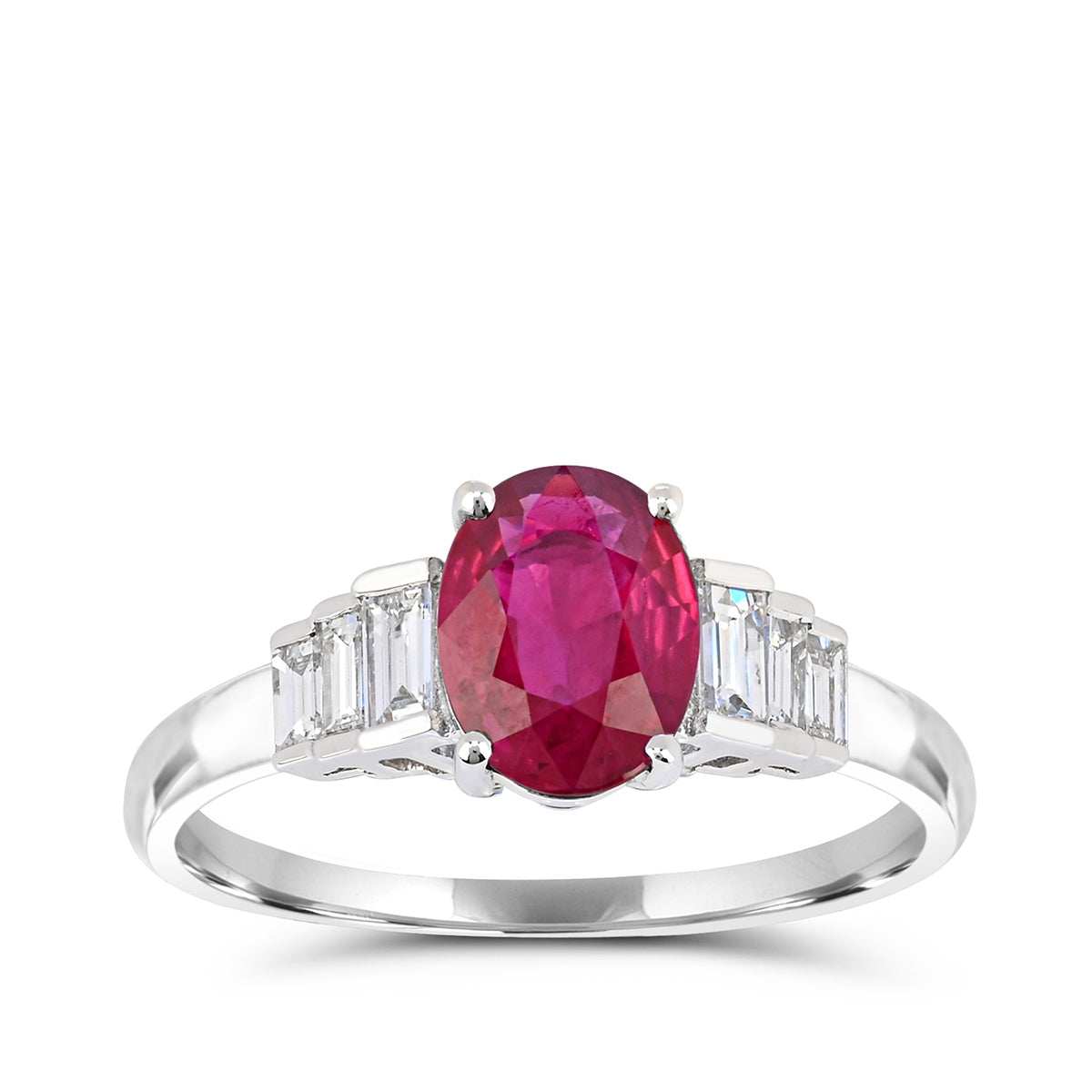 Oval Ruby & 1/3 ct. tw. Baguette Diamond Ring in 14K White Gold