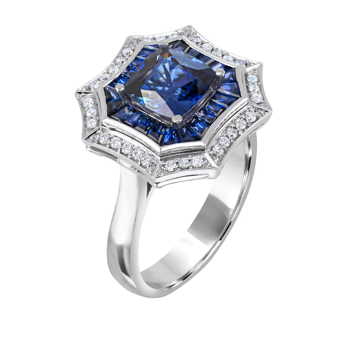 Cushion Sapphire & 1/5 ct. tw. Diamond Octagon Halo Ring in 14K White Gold front view