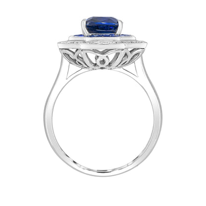 Cushion Sapphire & 1/5 ct. tw. Diamond Octagon Halo Ring in 14K White Gold close-up detail