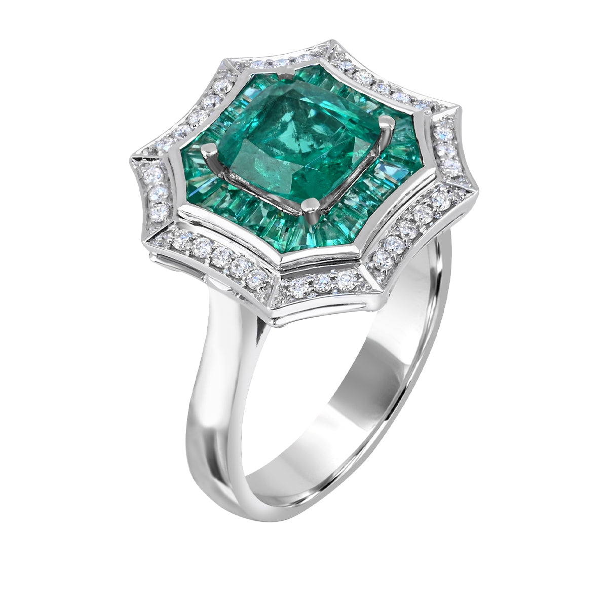 Cushion Emerald & 1/5 ct. tw. Diamond Octagon Halo Ring in 14K White Gold front view