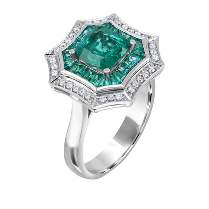 Cushion Emerald & 1/5 ct. tw. Diamond Octagon Halo Ring in 14K White Gold front view