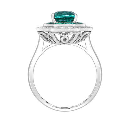 Cushion Emerald & 1/5 ct. tw. Diamond Octagon Halo Ring in 14K White Gold close-up detail