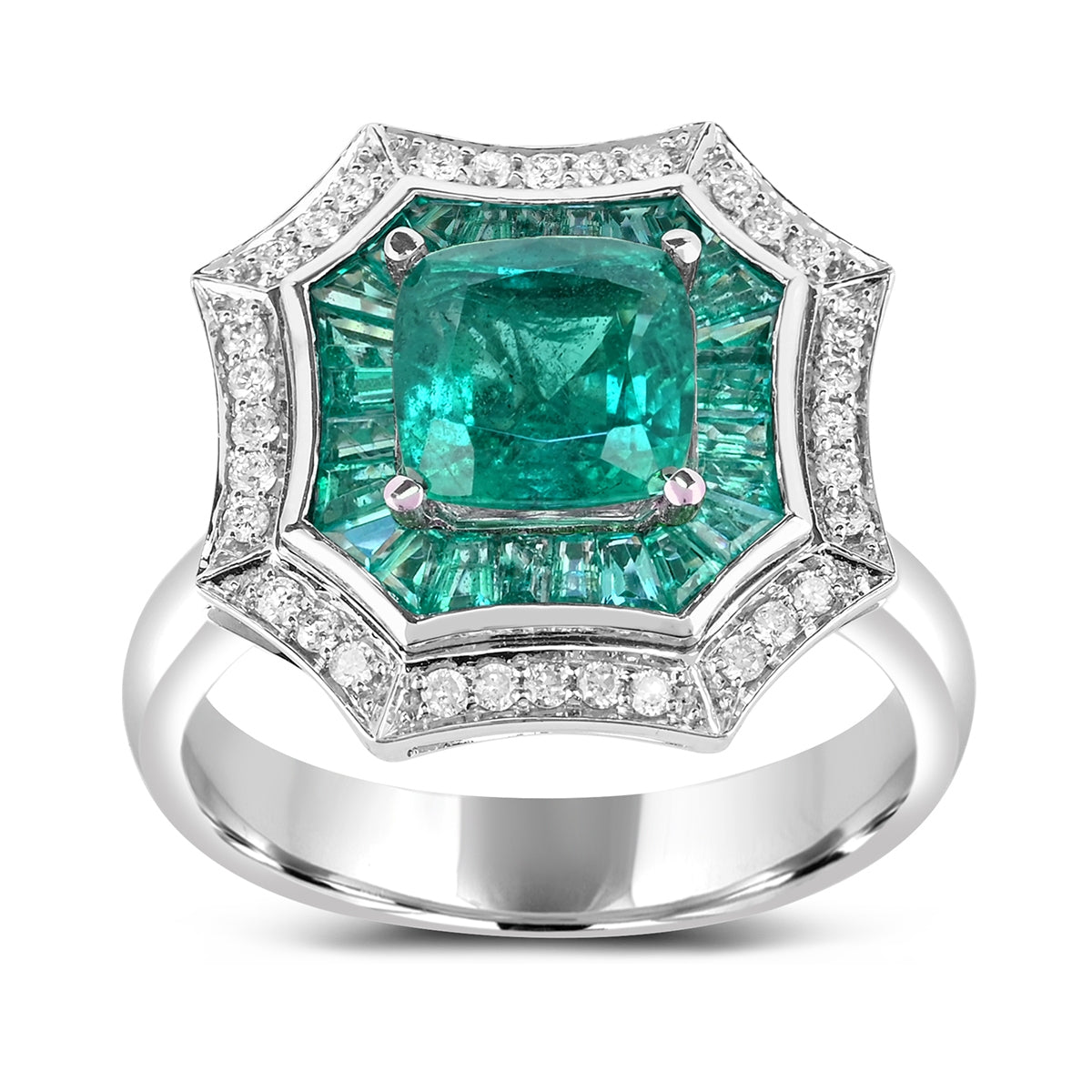 Cushion Emerald & 1/5 ct. tw. Diamond Octagon Halo Ring in 14K White Gold