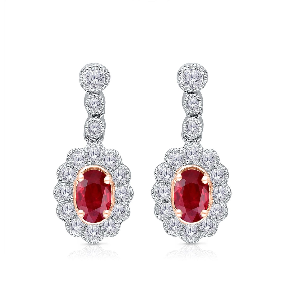 Kallati Oval Ruby & 1/3 ct. tw. Diamond Halo Milgrain Drop Earrings in 14K White & Pink Gold