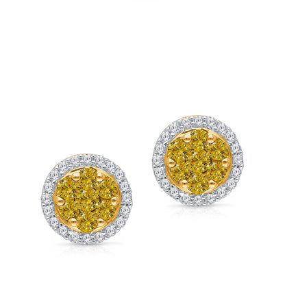 Kallati 1 ct. tw. Yellow & White Diamond Cluster Halo Earrings in 14K Yellow Gold front view