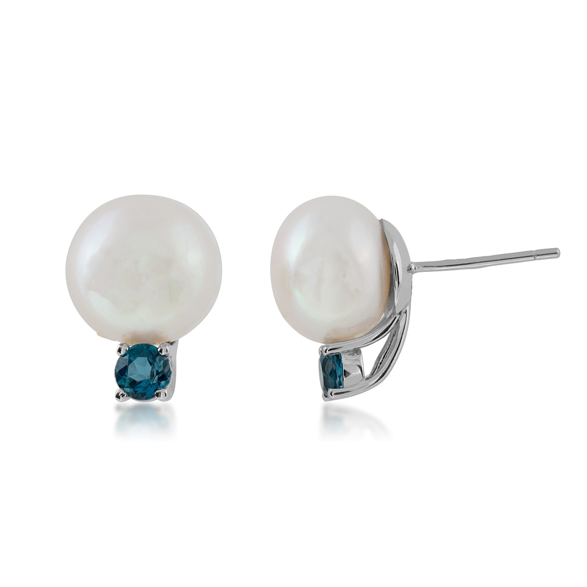 10-11mm Freshwater Pearl & London Blue Topaz Earrings in Sterling Silver
