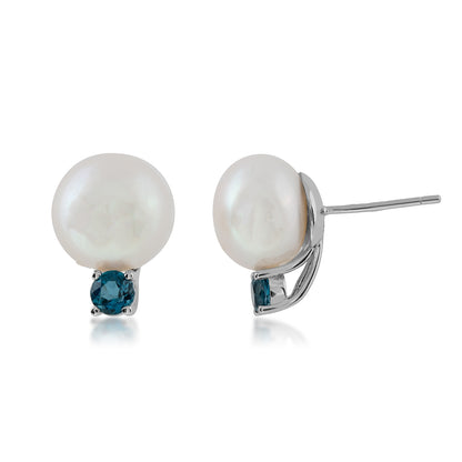 10-11mm Freshwater Pearl & London Blue Topaz Earrings in Sterling Silver
