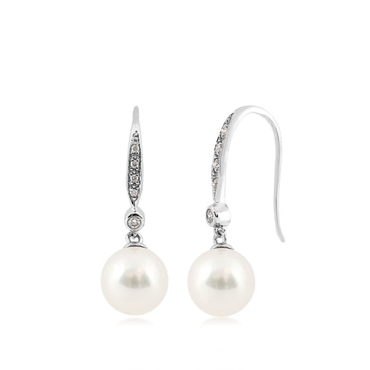 8-9mm Cultured Freshwater Pearl & Diamond Accent Drop Earrings in 14K White Gold