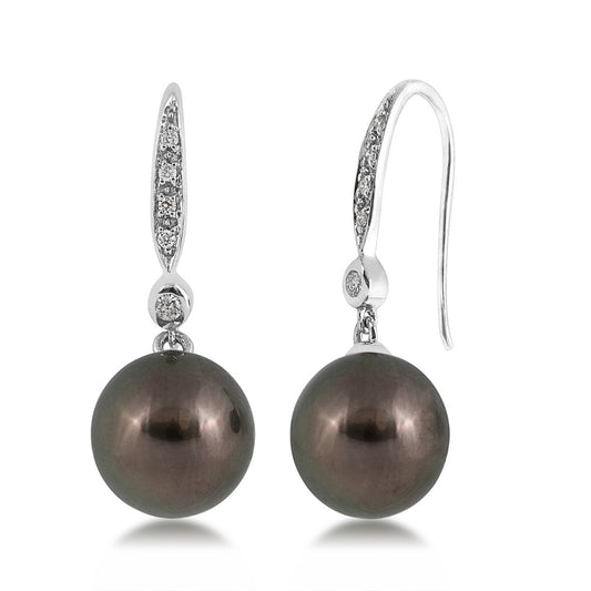 8-9mm Cultured Tahitian Pearl & 1/10 ct. tw. Diamond Drop Earrings in 14K White Gold