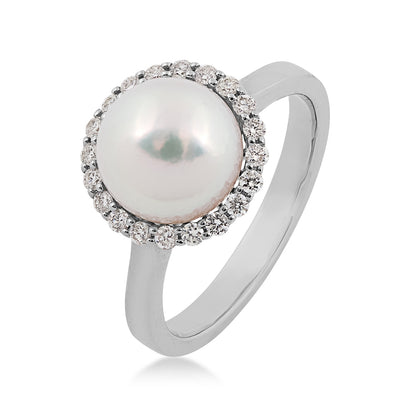 8-9mm Cultured Akoya Pearl & 1/3 ct. tw. Diamond Halo Ring in 14K White Gold front view