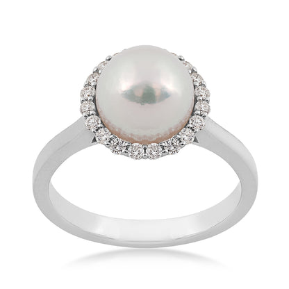 8-9mm Cultured Akoya Pearl & 1/3 ct. tw. Diamond Halo Ring in 14K White Gold