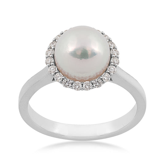8-9mm Cultured Akoya Pearl & 1/3 ct. tw. Diamond Halo Ring in 14K White Gold