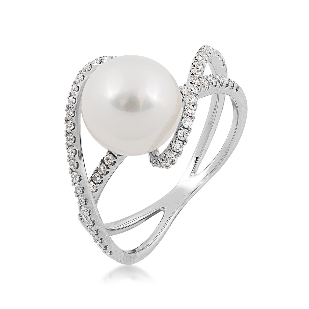 9-10mm Cultured Freshwater Pearl & 3/8 ct. tw. Diamond Swirl Bypass Ring in 14K White Gold front view