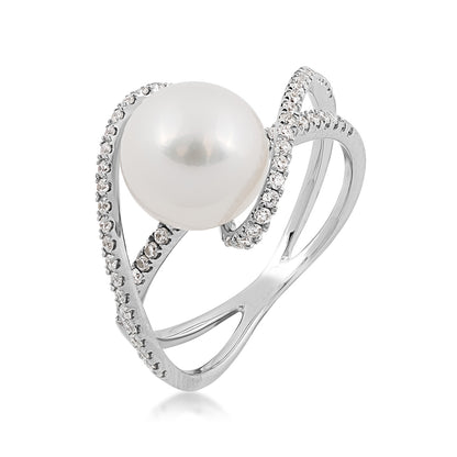 9-10mm Cultured Freshwater Pearl & 3/8 ct. tw. Diamond Swirl Bypass Ring in 14K White Gold front view