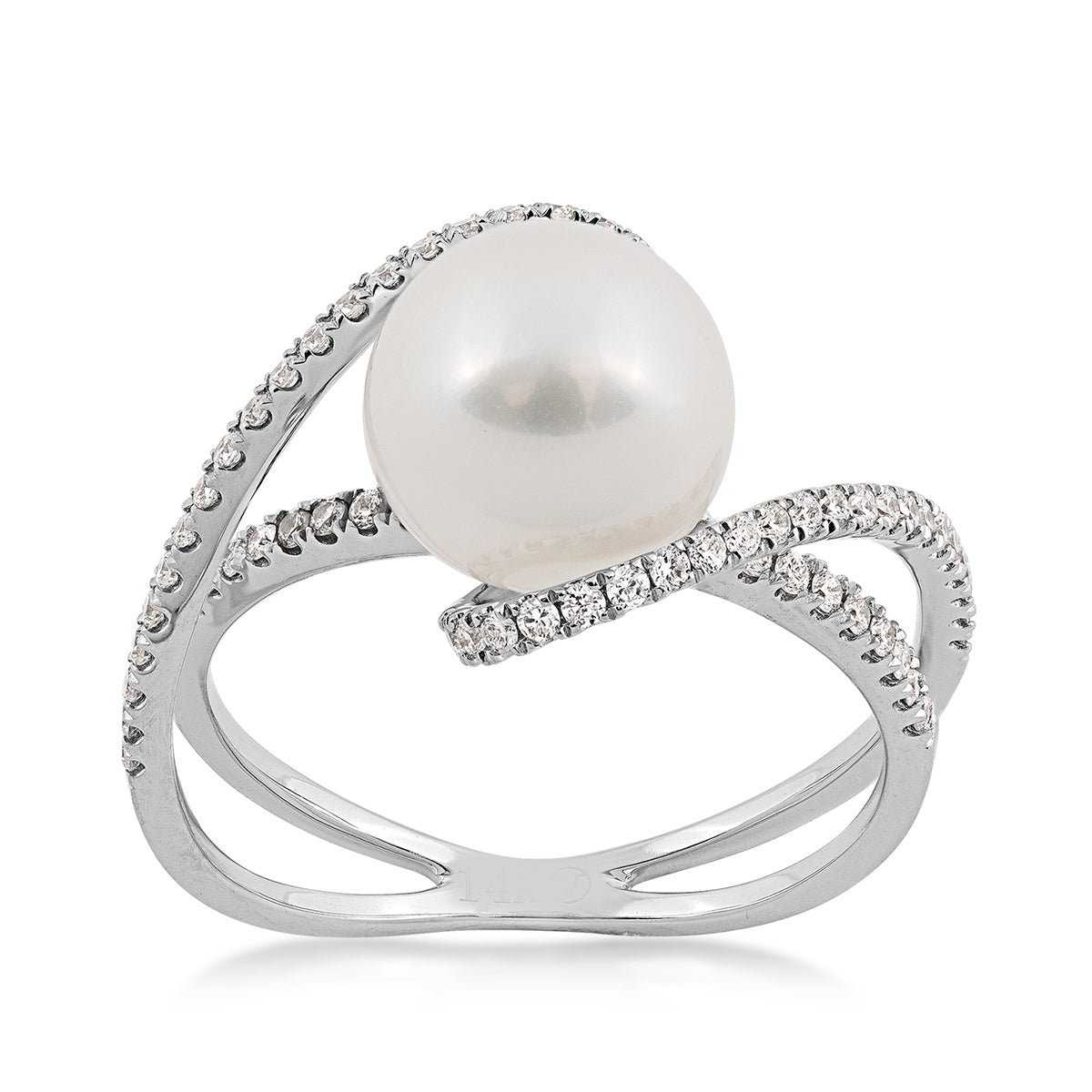 9-10mm Cultured Freshwater Pearl & 3/8 ct. tw. Diamond Swirl Bypass Ring in 14K White Gold