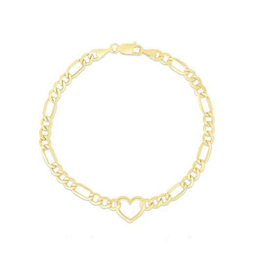 4.5mm 7-inch Figaro Chain Bracelet with Heart in 10K Yellow Gold