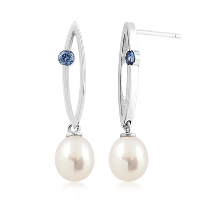 7-8mm Cultured Freshwater Pearl & Created Round Sapphire Drop Earrings in Sterling Silver
