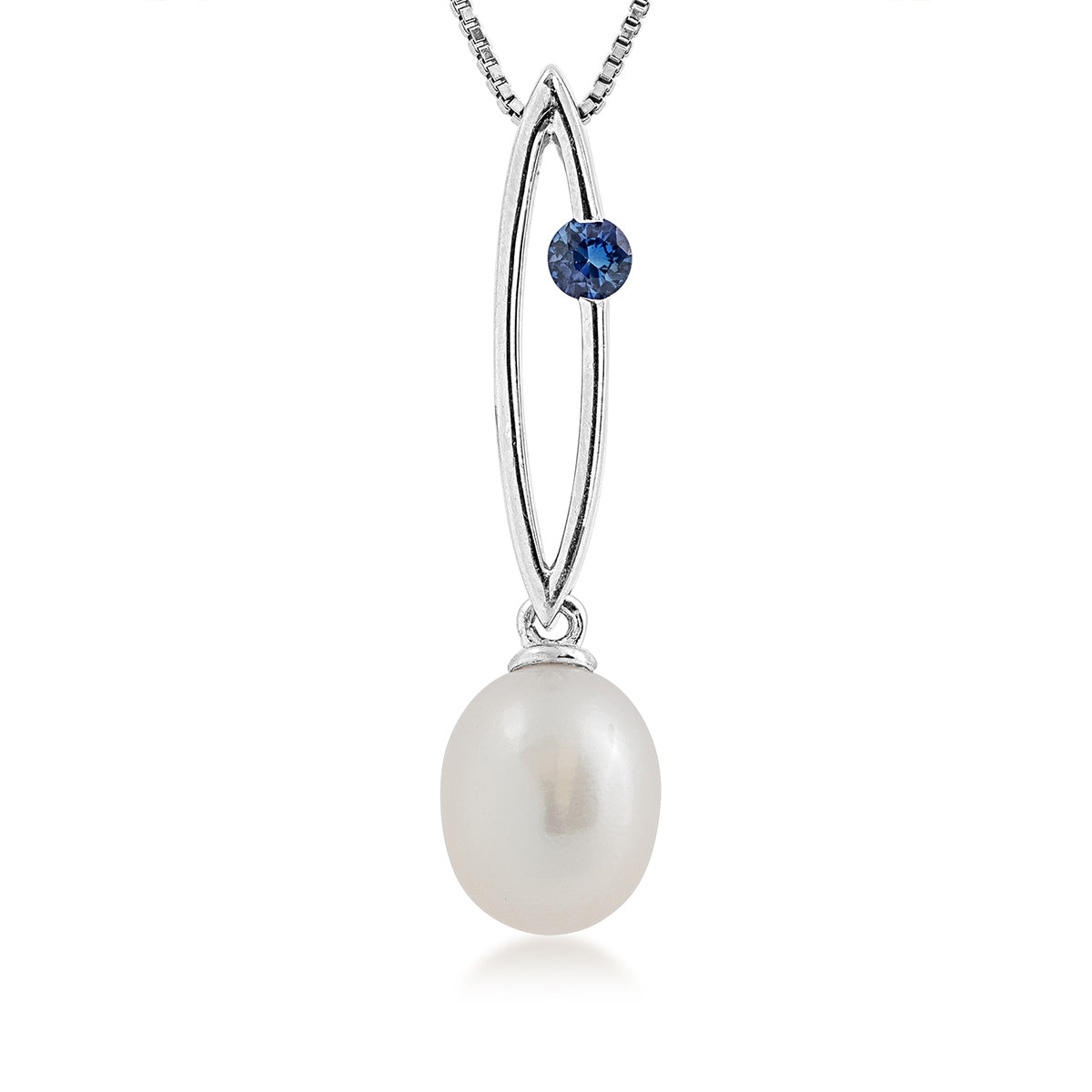 7-8mm Cultured Freshwater Pearl & Created Round Sapphire Pendant in Sterling Silver