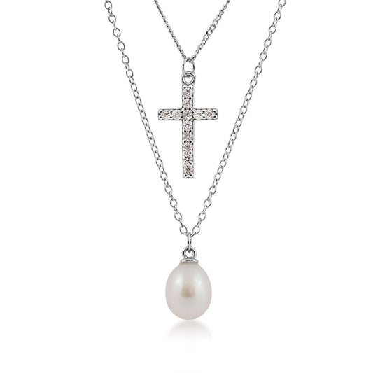 8-9mm Cultured Freshwater Pearl & Created White Sapphire Cross Layered Necklace in Sterling Silver