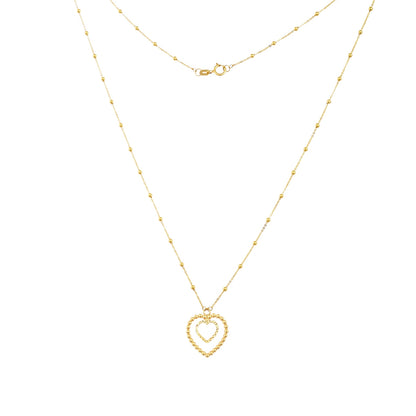 Double Heart Necklace with Sparkle Bead Chain in 10K Yellow Gold front view