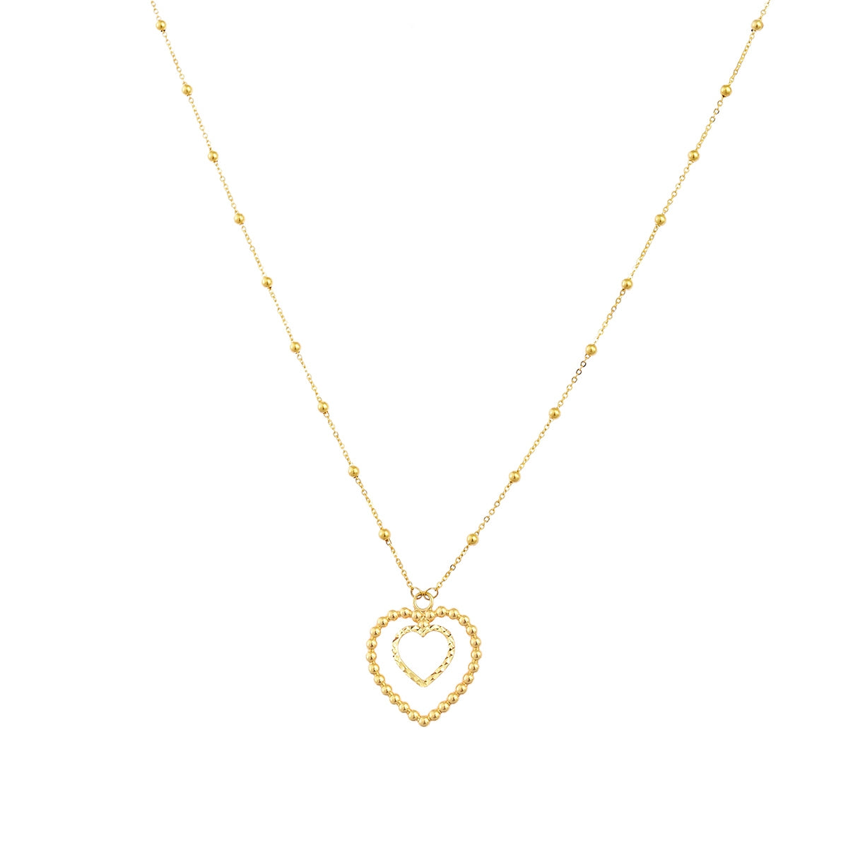 Double Heart Necklace with Sparkle Bead Chain in 10K Yellow Gold