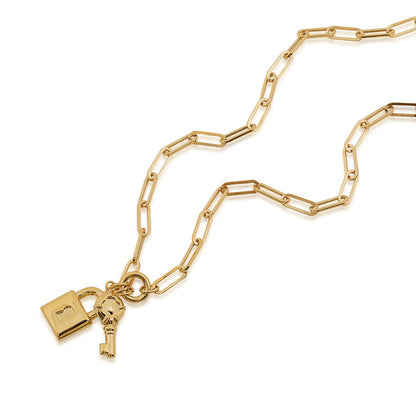 Lock & Key Paperclip Chain Necklace in 10K Yellow Gold front view