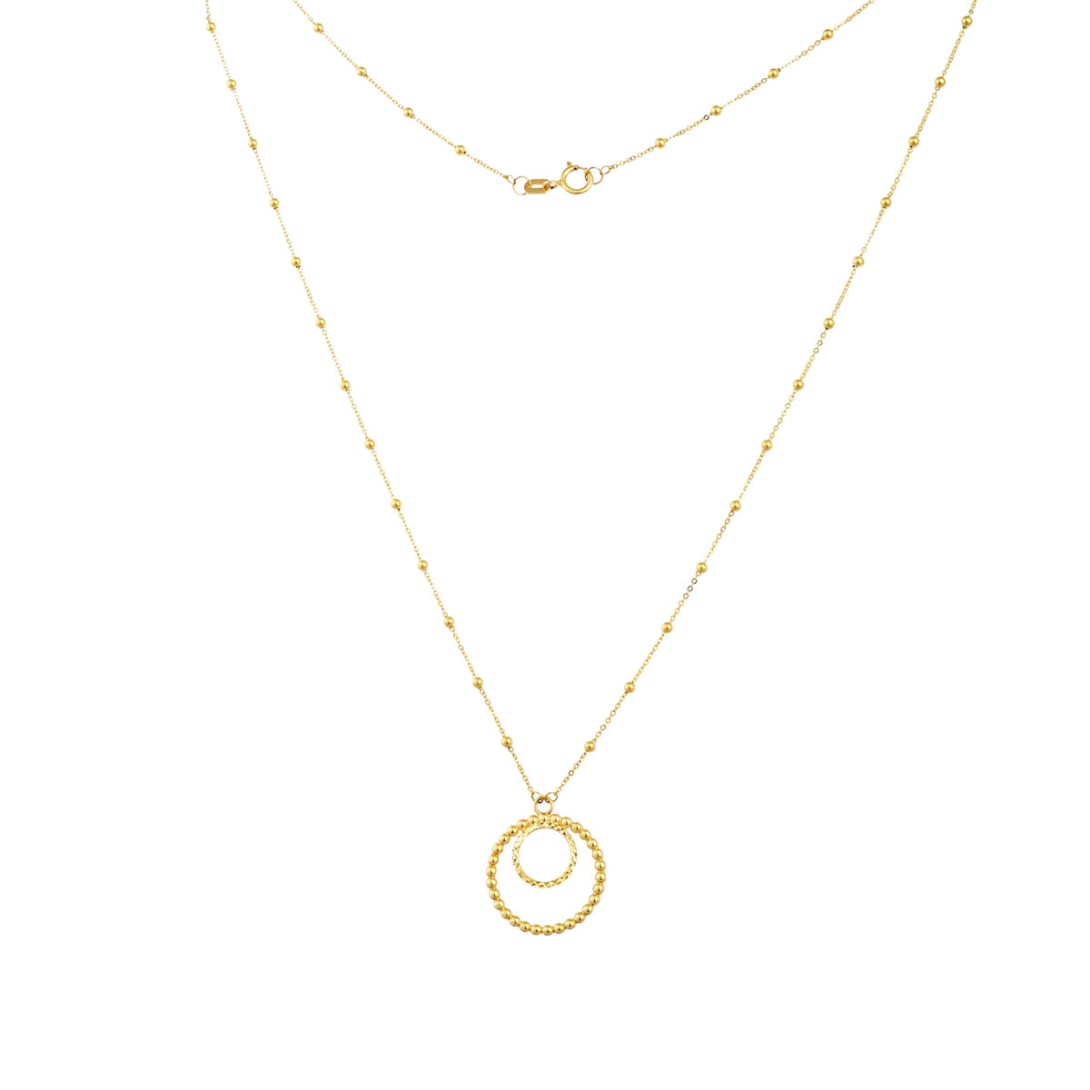 Double Circle Necklace with Sparkle Bead Chain in 10K Yellow Gold front view
