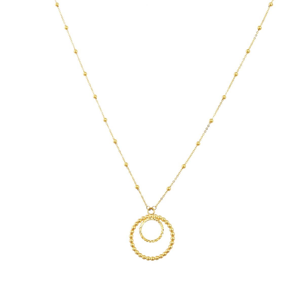 Double Circle Necklace with Sparkle Bead Chain in 10K Yellow Gold