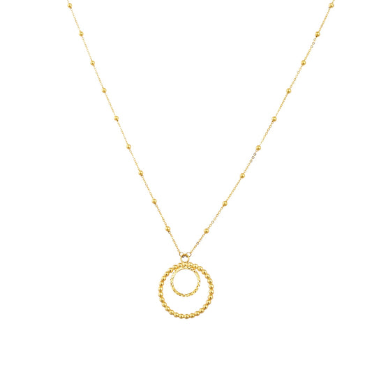 Double Circle Necklace with Sparkle Bead Chain in 10K Yellow Gold