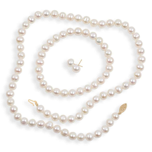 Cultured Freshwater Pearl Necklace, Stretch Bracelet & Earring Set in 14K Yellow Gold