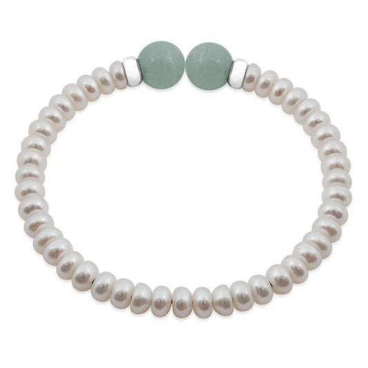 10mm Milky Aquamarine & 6-7mm Cultured Freshwater Pearl Flexible Bangle Bracelet in Sterling Silver