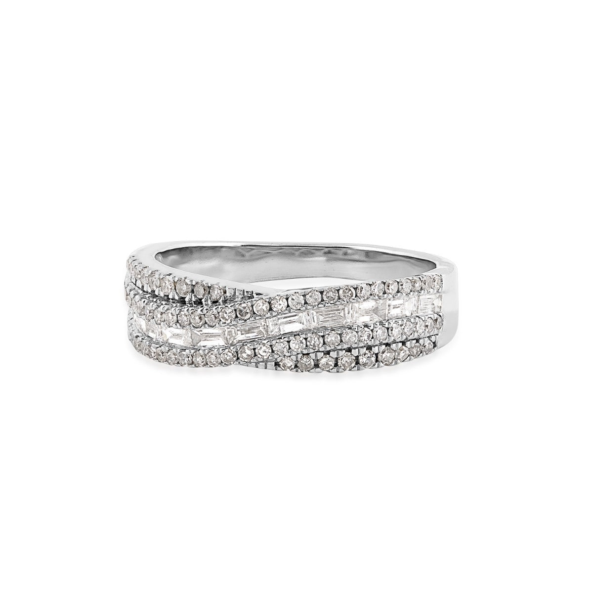 Perfect Match 5/8 ct. tw. Round & Baguette Diamond Multirow Anniversary Ring in 10K White Gold close-up detail