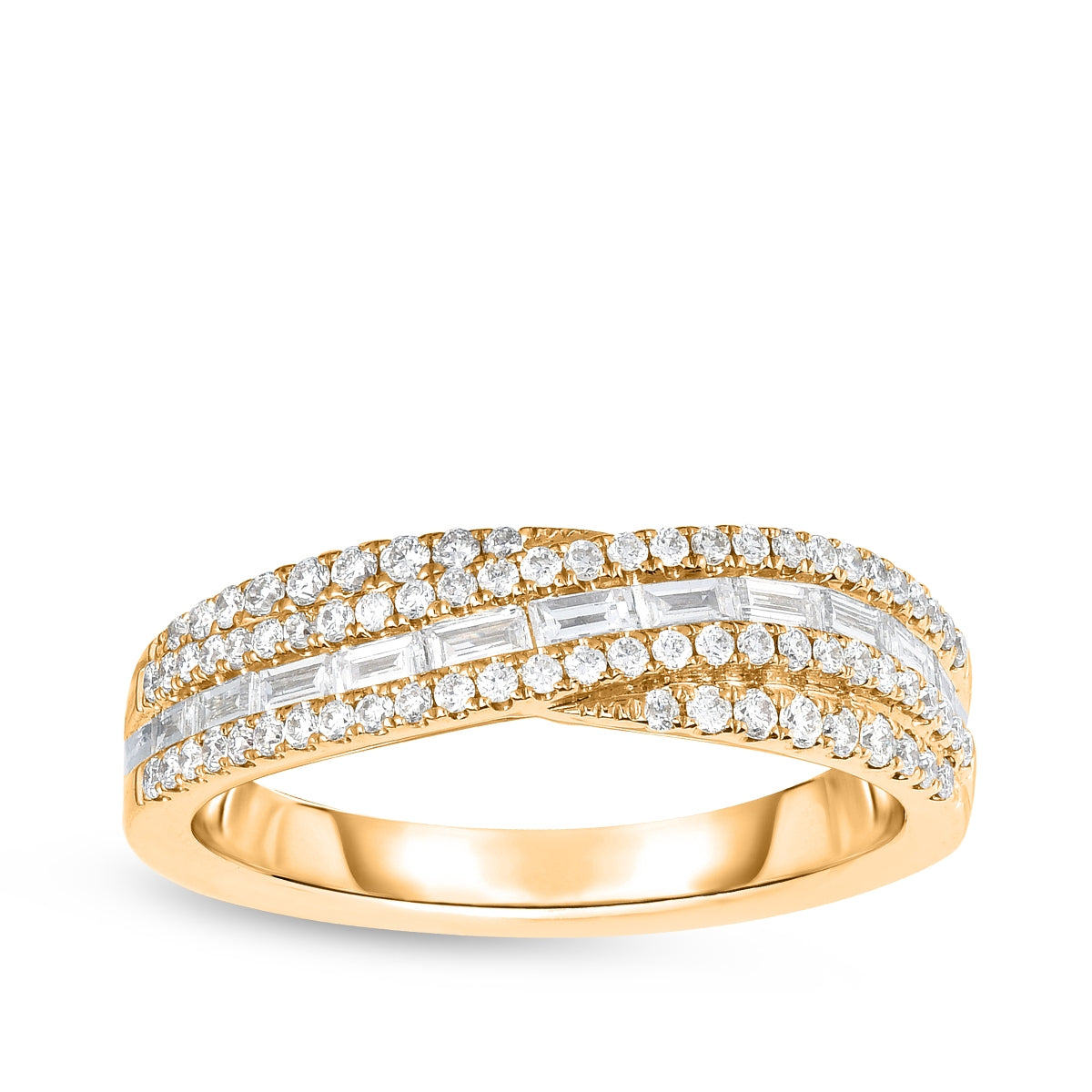 5/8 ct. tw. Round & Baguette Diamond Multirow Anniversary Ring in 10K Yellow Gold