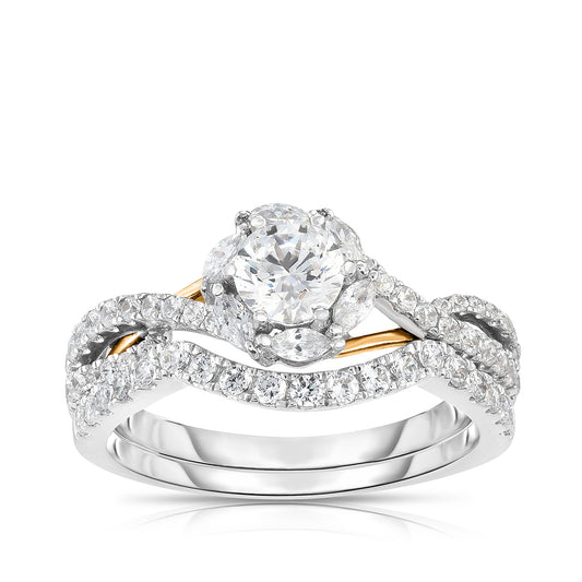Natural 1-1/4 ct. tw. Round Diamond Halo Bypass Wedding Set in 10K White & Yellow Gold